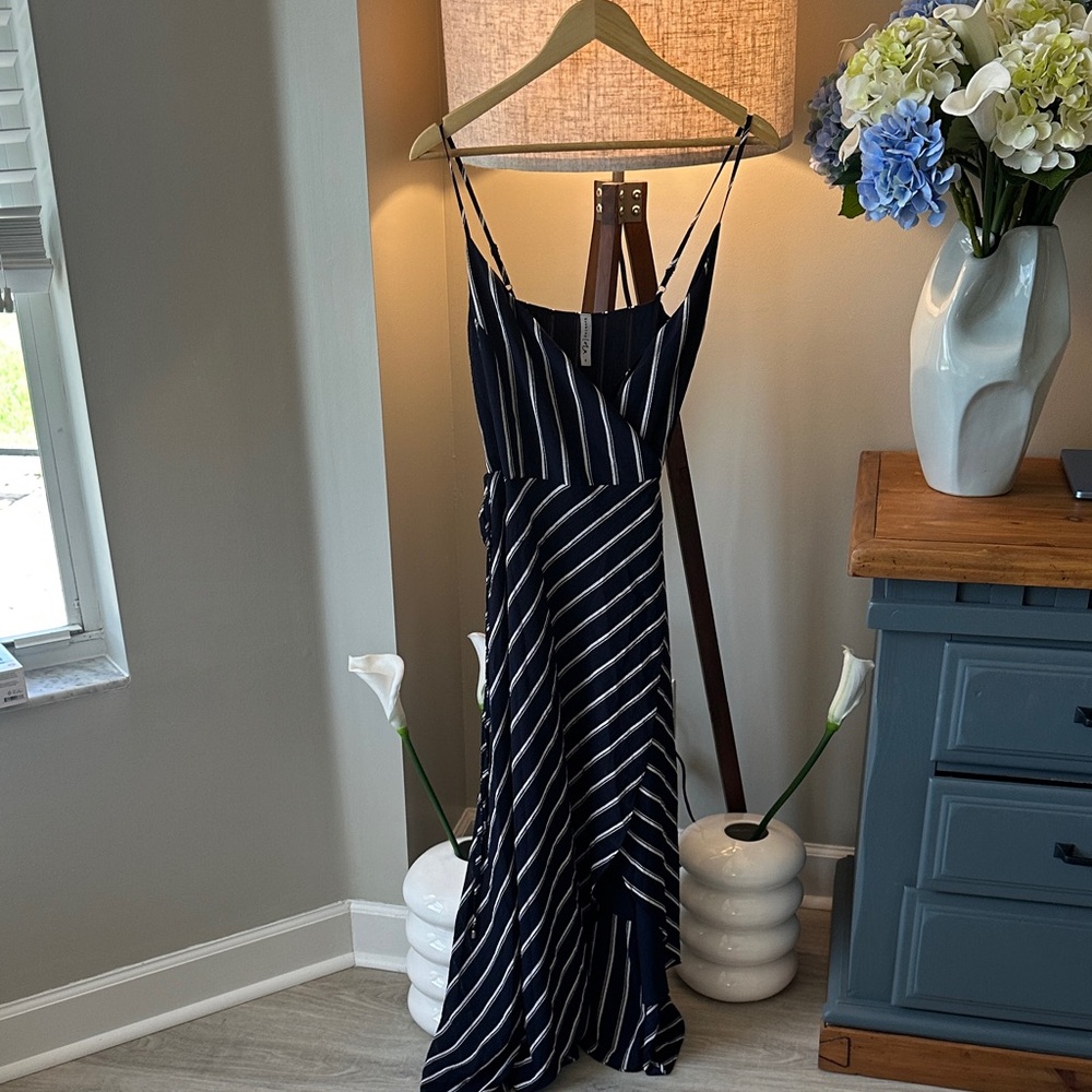 Seeking Lola Maxi Wrap Dress Elegant Navy Striped Dress